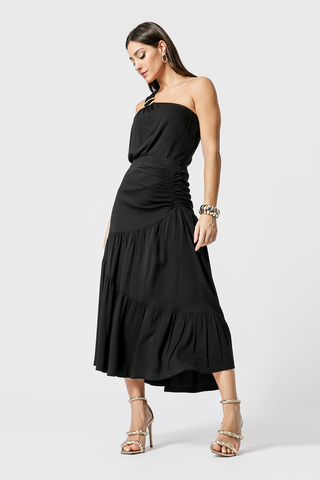 Saia De Viscose Com Franzido - PRETO