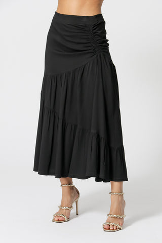 Saia De Viscose Com Franzido - PRETO