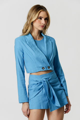 Blazer Cropped De Linho - TURQUESA