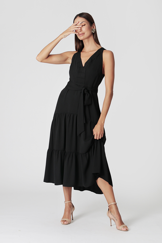 Vestido midi con cuello en V - NEGRO