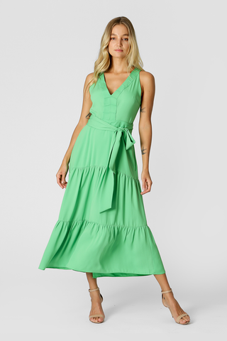 Vestido midi con escote en V - VERDE