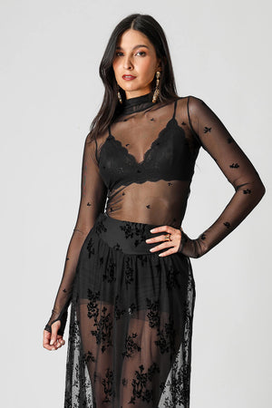 Blusa Manga Longa Em Tule Veludo Flocado