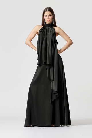Vestido largo asimétrico con capa - NEGRO