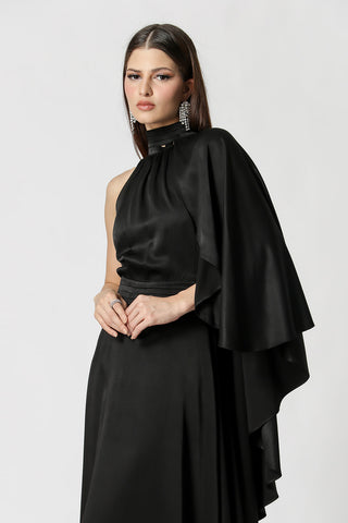 Vestido largo asimétrico con capa - NEGRO