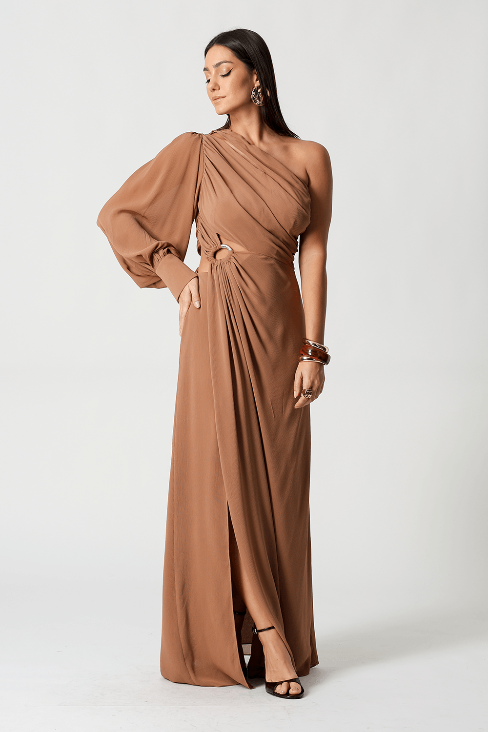 Vestido Chiffon Plissado Com Fivela