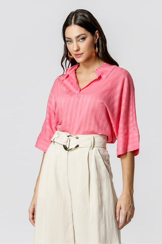 Camisa Ampla Com Manga Curta De Voil - PINK CLARO