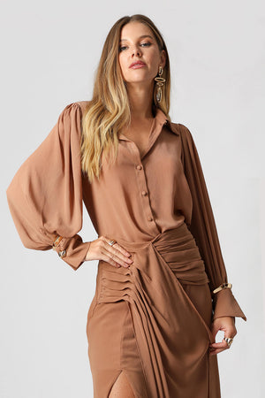 Camisa Chiffon Plissado Manga Bufante