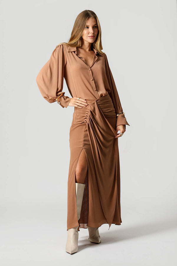 Camisa Chiffon Plissado Manga Bufante