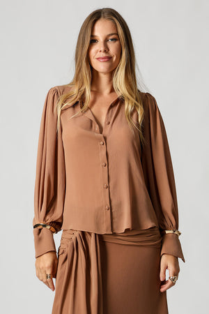 Camisa Chiffon Plissado Manga Bufante