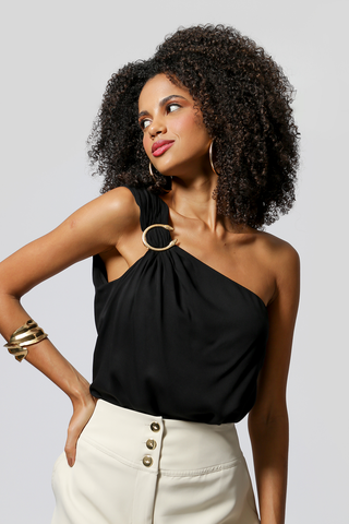 Blusa de viscosa de un solo hombro - NEGRA