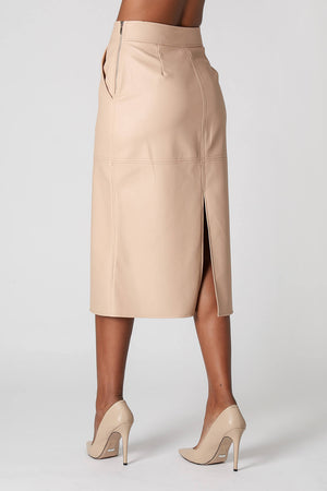 Saia Lápis Midi Em Couro Sintético Com Fenda