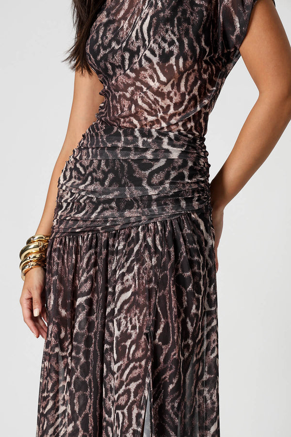 Saia Pala Drapeada Assimétrica de Tule Estampado