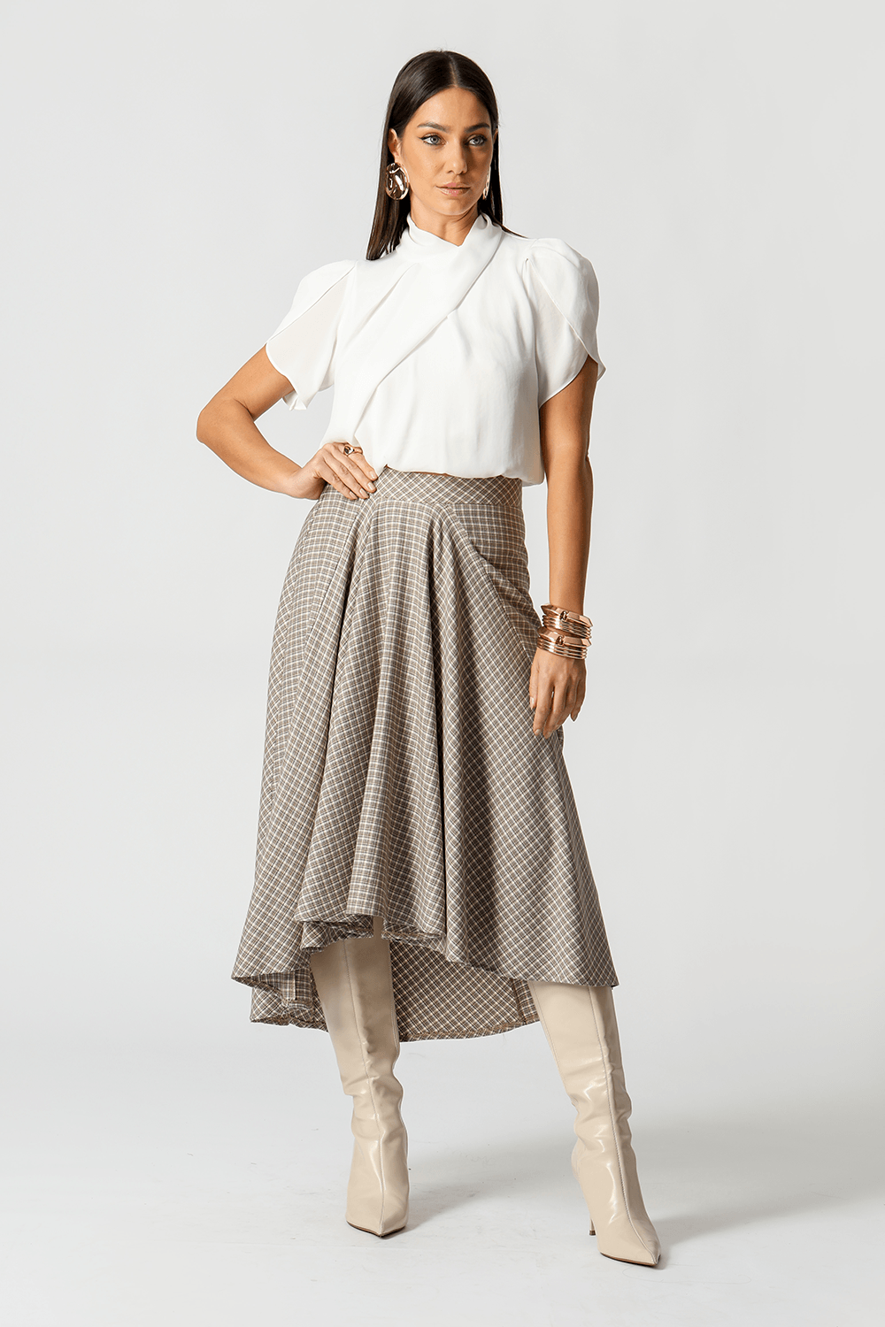 Saia Midi Tartan Com Volume Frontal