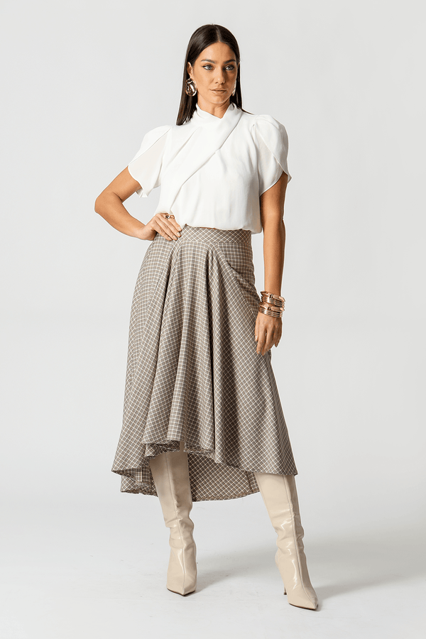 Saia Midi Tartan Com Volume Frontal