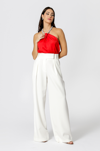 Blusa de satén con collar de diamantes de imitación - ROJO 2