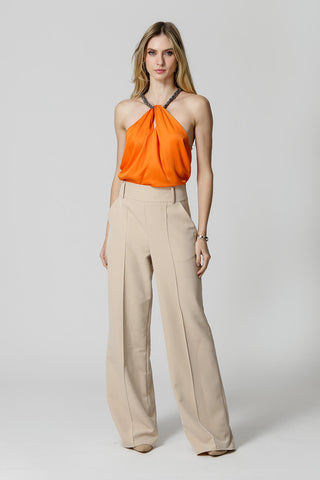 Blusa de satén con collar de diamantes de imitación - NARANJA