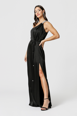 Vestido largo de un solo hombro - NEGRO