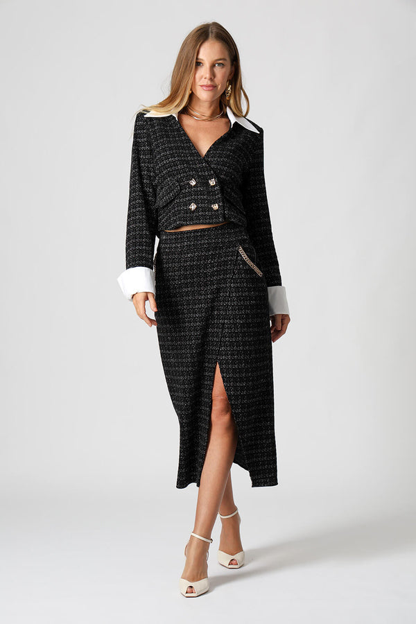 Saia Midi Tweed Com Fenda e Corrente