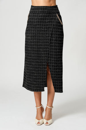 Saia Midi Tweed Com Fenda e Corrente