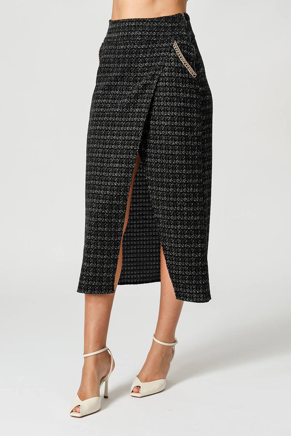 Saia Midi Tweed Com Fenda e Corrente