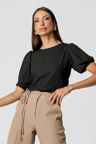 Blusa Manga Bufante E Com Pregas - PRETO