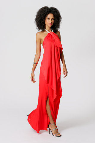 Vestido asimétrico con collar de pedrería - ROJO 2