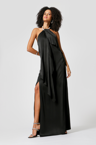 Vestido asimétrico con collar de diamantes de imitación - NEGRO