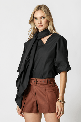 Blusa suelta con pañuelo extraíble - NEGRO