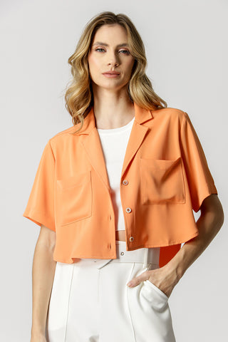 Camisa Cropped Com Bolsos - LARANJA