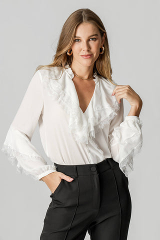 Blusa fluida de crepé con volante y encaje - BLANCO ROJO