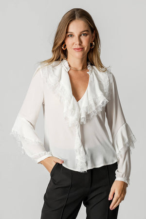 Blusa Crepe Fluido Com Babado e Renda