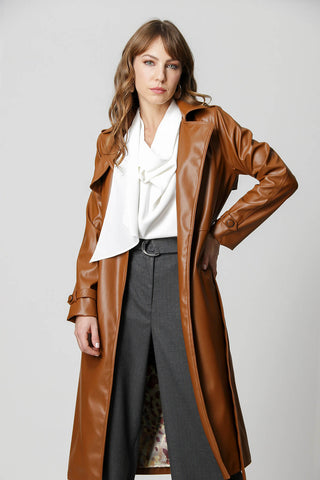 Trench Coat De Couro Sintético - CHOCOLATE