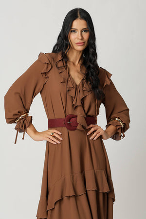 Vestido Com Babados E Cinto Em Suede