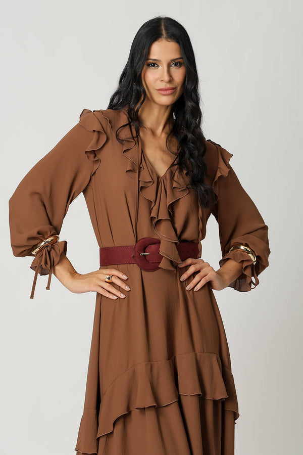 Vestido Com Babados E Cinto Em Suede