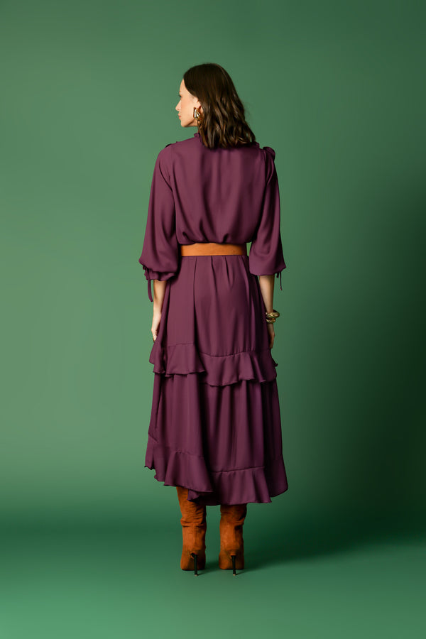 Vestido Com Babados E Cinto Em Suede