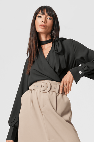 Blusa Com Laço E Manga Longa Bufante - PRETO