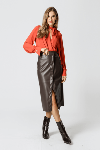 Blusa Com Laço E Manga Longa Bufante - TELHA 5