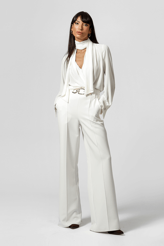 Blusa con lazo y mangas largas abullonadas - OFF WHITE