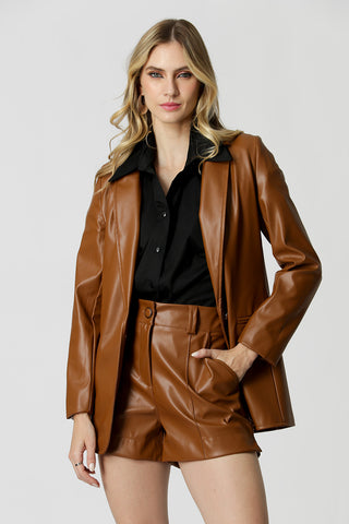 Blazer largo de piel sintética - CHOCOLATE