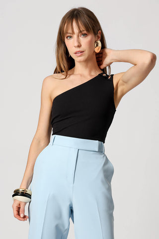 Blusa Ombro Único Botões Dourados - PRETO