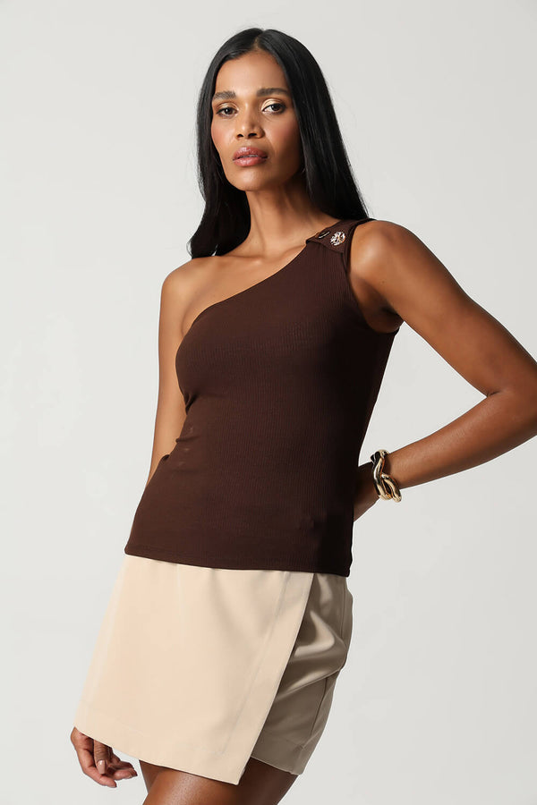 Blusa Ombro Único Botões Dourados Diferenciados