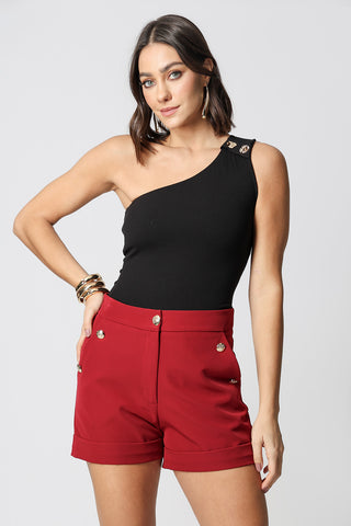 Blusa Ombro Único Botões Dourados - PRETO