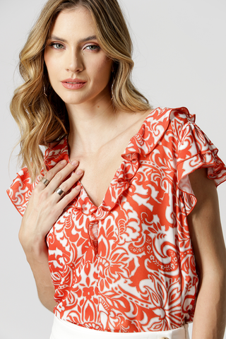 Blusa De Babados Estampada - CORAL 3071