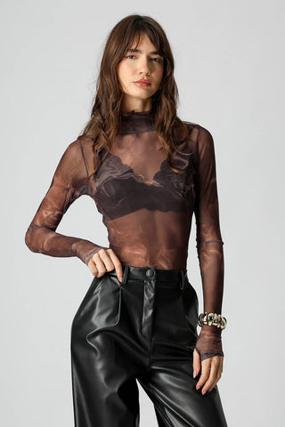 Blusa Manga Longa Tule Estampado - MARROM 6061