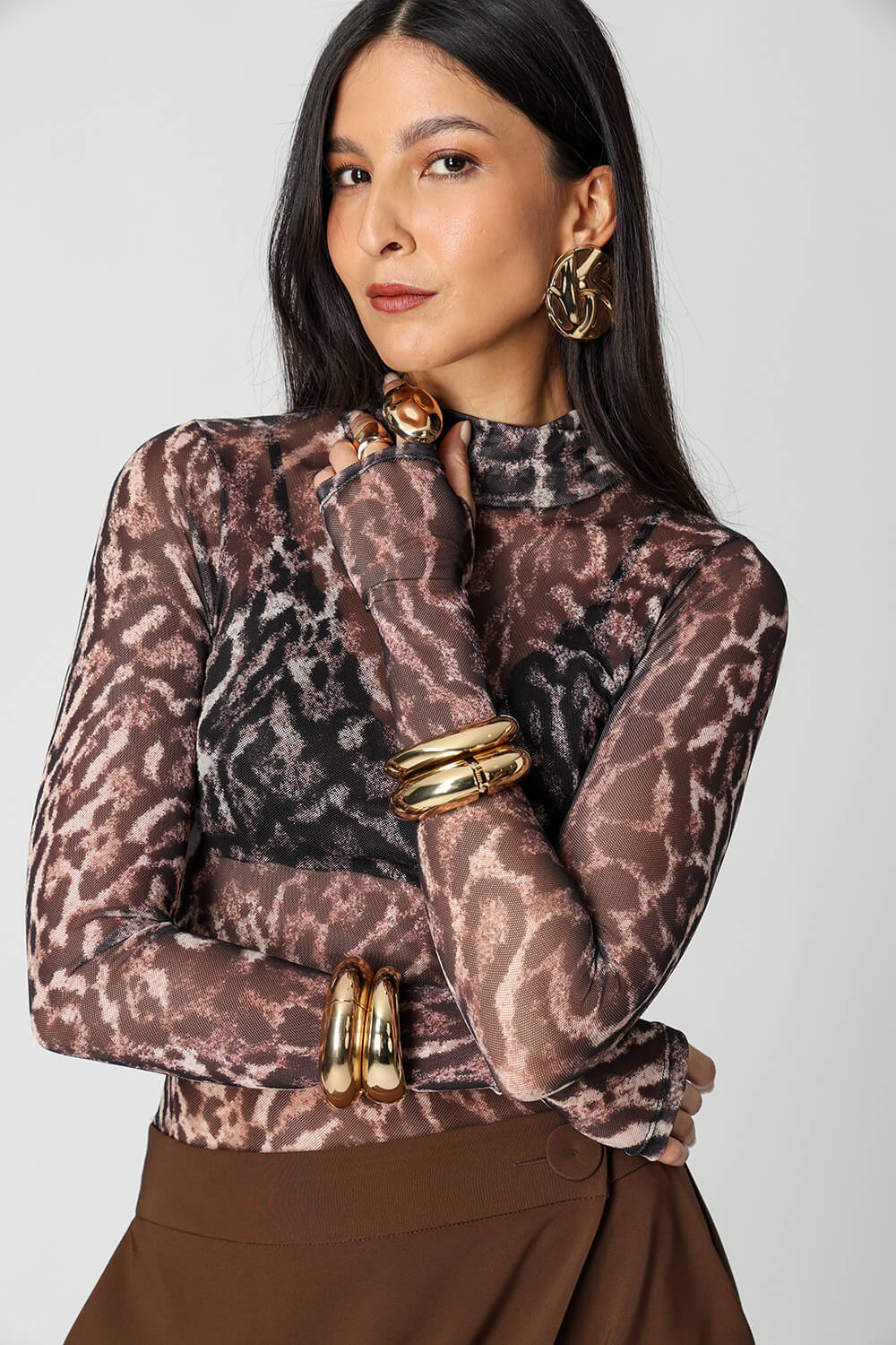 Blusa de Tule Estampado com Manga Longa