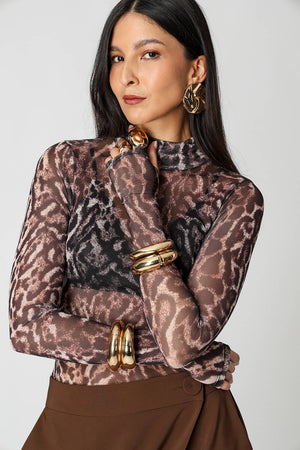 Blusa de Tule Estampado com Manga Longa