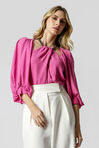 Blusa de manga larga abullonada con collar de diamantes de imitación - ROSA 5
