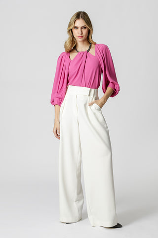 Blusa de manga larga abullonada con collar de diamantes de imitación - ROSA 5