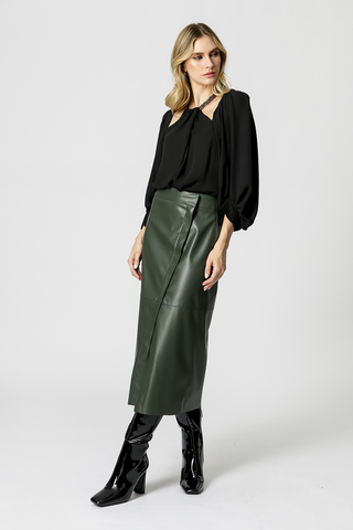 Blusa de manga larga abullonada con collar de diamantes de imitación - NEGRO