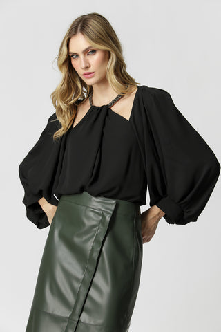 Blusa de manga larga abullonada con collar de diamantes de imitación - NEGRO